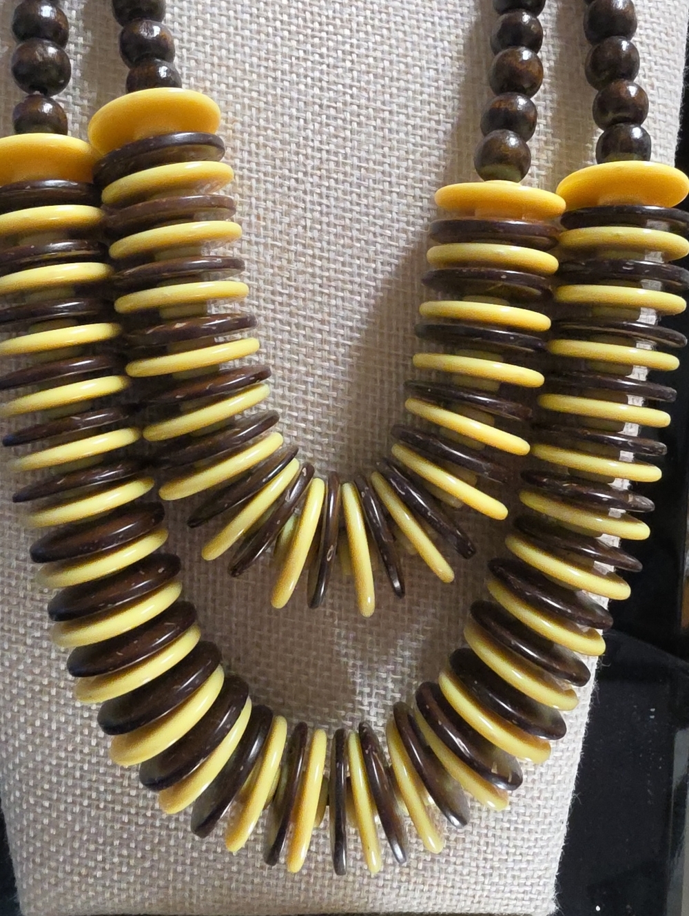 Chunky Vintage Coconut Shell & Yellow Disc Layered Statement Necklace - Picture 5 of 5